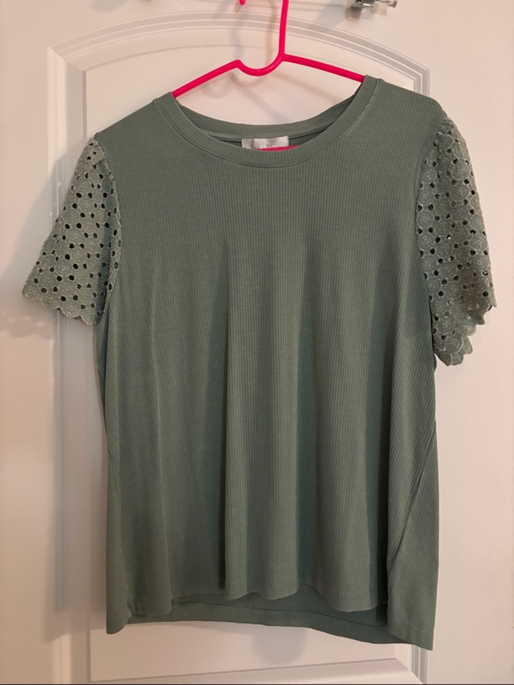 Design History Sage Green Ribbed Tee with Eyelet Short Sleeves